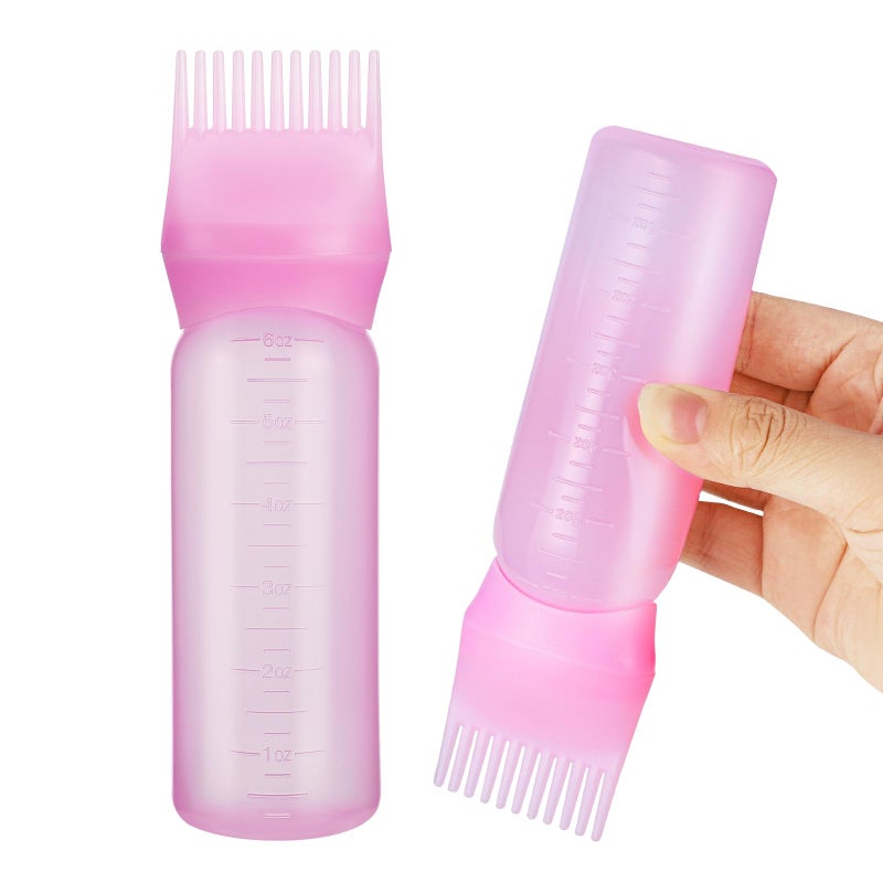 Pimoys Root Comb Applicator Bottle 6 Ounce, Oil Applicator for Hair Dye, Hair Oiling Bottle Brush with Graduated Scale, Pink - Image 1