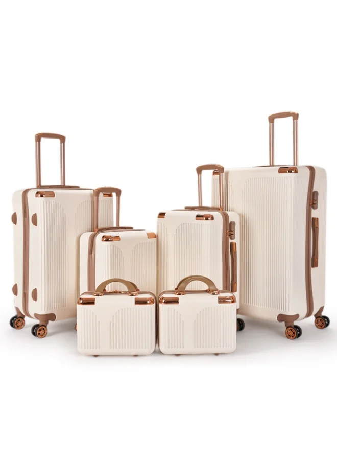 ليمرا طقم شنط سفر مكون من 6 حقائب أمتعة من ماركة ليمرا لون بيج/ذهبي ، مصنوع من مادة قوية وخفيفة، مزود بعجلات دوّارة 360 درجة ومقبض تلسكوبي وقفل أمان لتجربة سفر مريحة وآمنة.