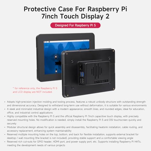 Waveshare حافظة واقية من Waveshare، متوافقة مع شاشة اللمس 7 بوصة من RPi 2 و Raspberry Pi 5، متوافقة مع شاشات 7 بوصة متعددة، تدعم تثبيت قبعات Raspberry Pi، مع واجهات غنية محفوظة. - Image 3