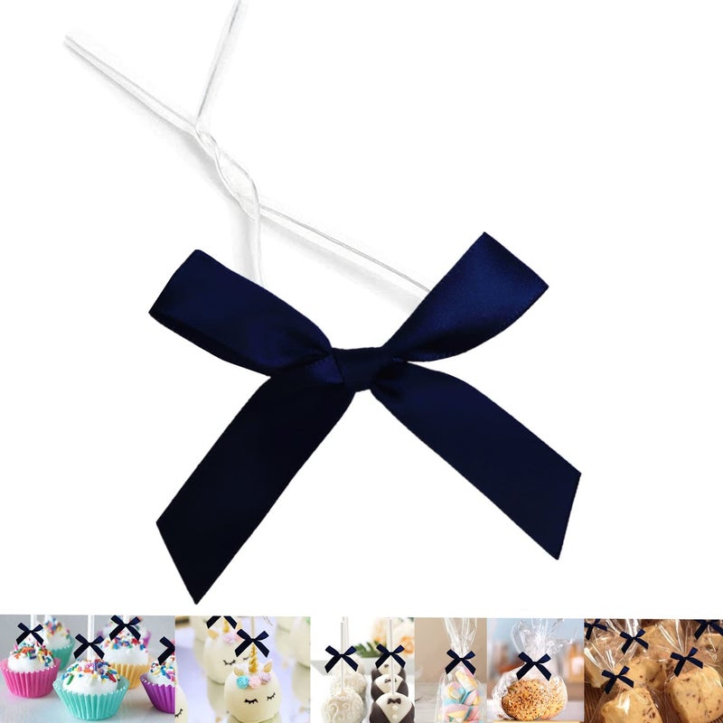 GUIFIER 50 PCS 3 Inches Satin Bow Twist Ties Ribbon Twist Tie Bows for Treat Bags Pretied Bows Twist Bows Tied Bows with Wire Pre Tied Ribbon Bows for Baby Shower Favors Popcorn Navy Blue