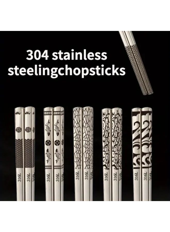 5 Pairs Of Dragon Design Stainless Steel Chopsticks Reusable Laser Engraved Non Slip Dishwasher Safe For Japanese Korean Cuisine Gift Set - Image 1
