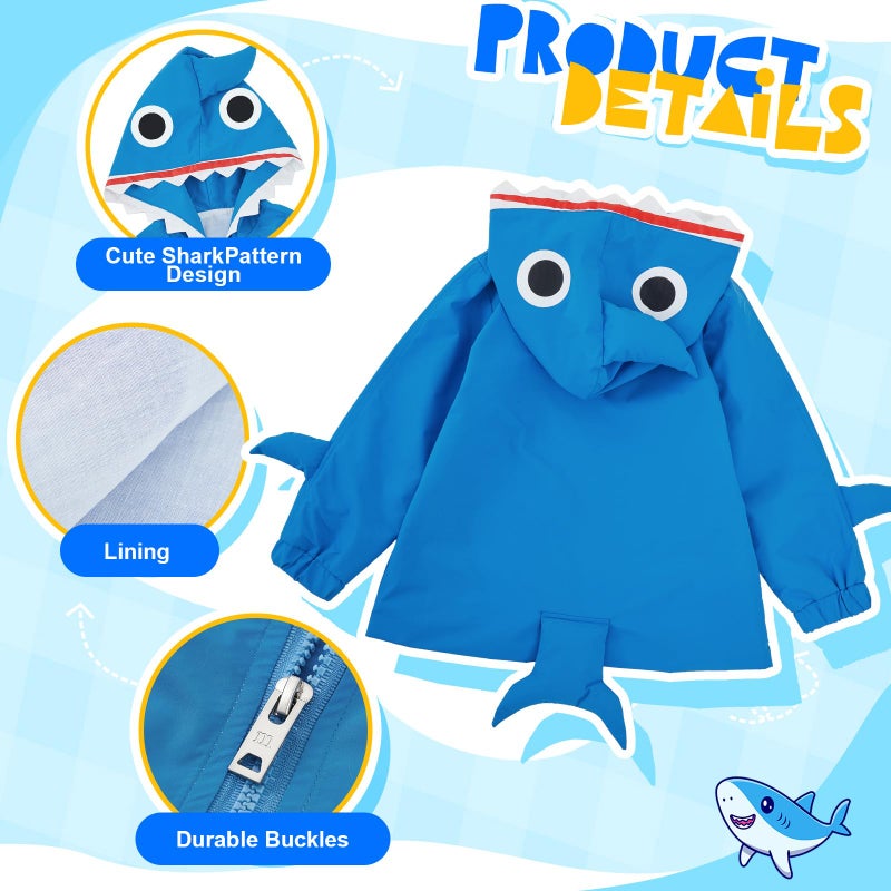 Twistover 2 Pcs Toddler Raincoat Rain Boots Set Kids Baby Cartoon Hoodie Zipper Jacket Short Rain Shoes for Little Boys Girls(2 T,Blue Shark) - Image 2