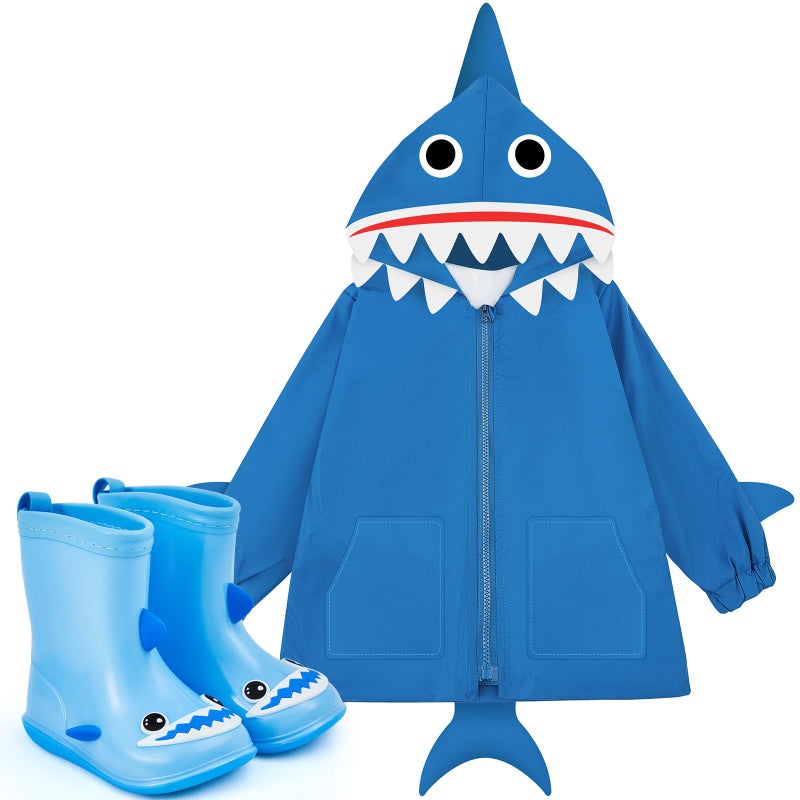 Twistover 2 Pcs Toddler Raincoat Rain Boots Set Kids Baby Cartoon Hoodie Zipper Jacket Short Rain Shoes for Little Boys Girls(2 T,Blue Shark) - Image 1