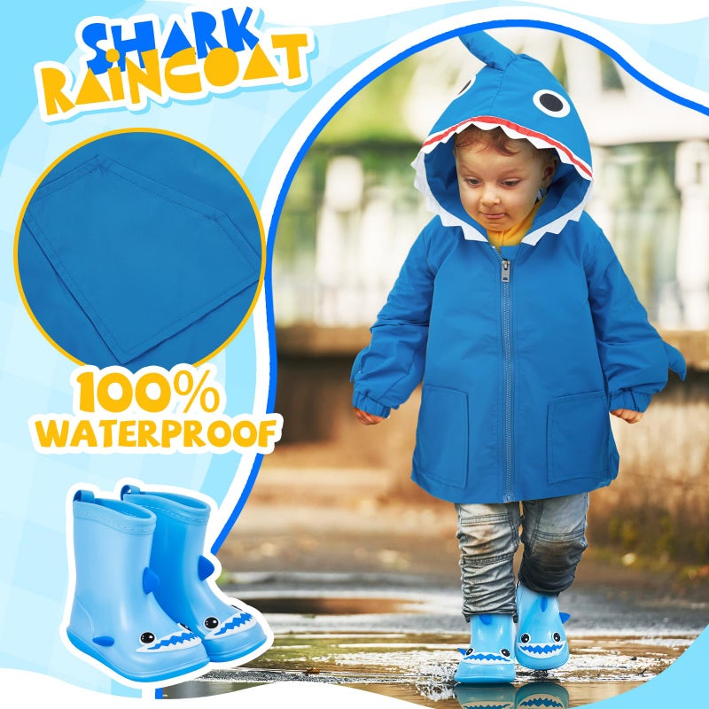Twistover 2 Pcs Toddler Raincoat Rain Boots Set Kids Baby Cartoon Hoodie Zipper Jacket Short Rain Shoes for Little Boys Girls(2 T,Blue Shark) - Image 5
