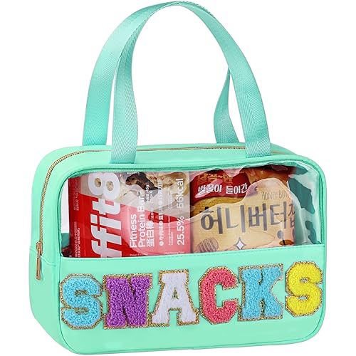 TESAFNG Snack Bag for Travel Chenille Letter Clear Makeup Bag Large Preppy Patch Snack Cosmetic Bag with Handle and Zipper Cute Makeup Pouch NylonPVC Waterproof Toiletry Organizer Storage for Women Girls - Image 1