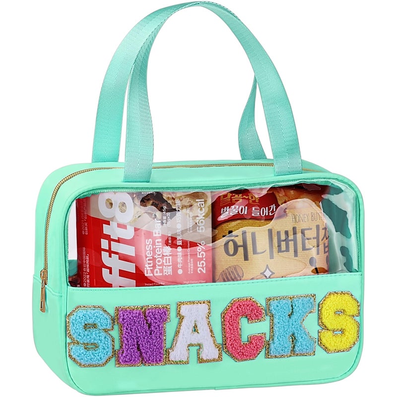 TESAFNG Snack Bag for Travel Chenille Letter Clear Makeup Bag Large Preppy Patch Snack Cosmetic Bag with Handle and Zipper Cute Makeup Pouch NylonPVC Waterproof Toiletry Organizer Storage for Women Girls - Image 2