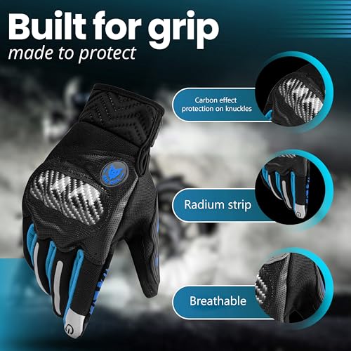 BADOWL Carbon Fiber PVC Knuckle Protection Riding Gloves | Touchscreen Sports Gloves with Anti-Slip Grip | Breathable, All-Weather, (Blue, M) - Image 2