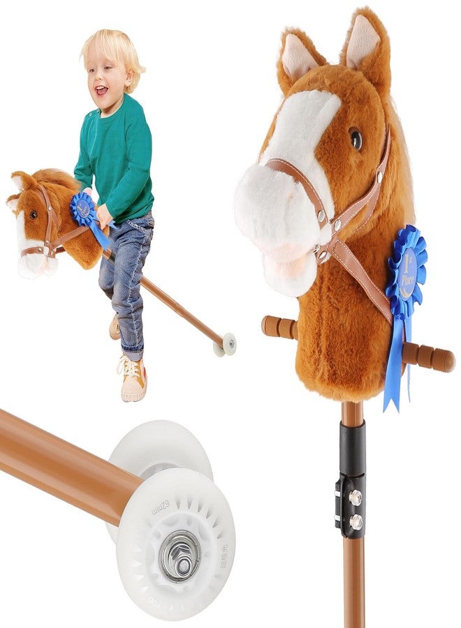 Greeily Stick Pony, Stick Horse for Kids Plush Handcrafted Pony Stick Horse Real Neighing and Galloping Sound Sturdy Metal Pole with Lighting Wheels Sponge Grip (Brown) - Image 1