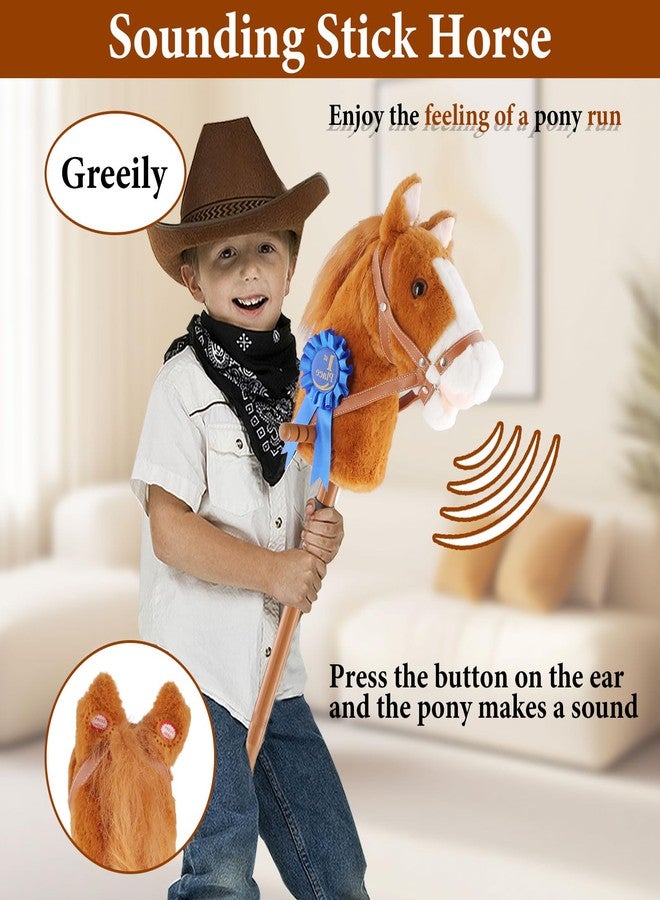 Greeily Stick Pony, Stick Horse for Kids Plush Handcrafted Pony Stick Horse Real Neighing and Galloping Sound Sturdy Metal Pole with Lighting Wheels Sponge Grip (Brown) - Image 5