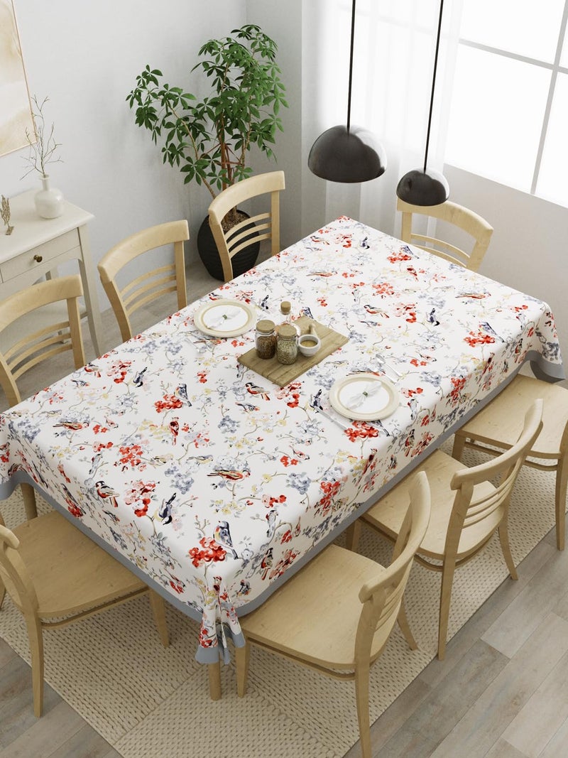 Clasiko 100% Cotton 8 Seater Table Cover; 60x108 Inches; Grey Birds Brown Flowers - Image 1