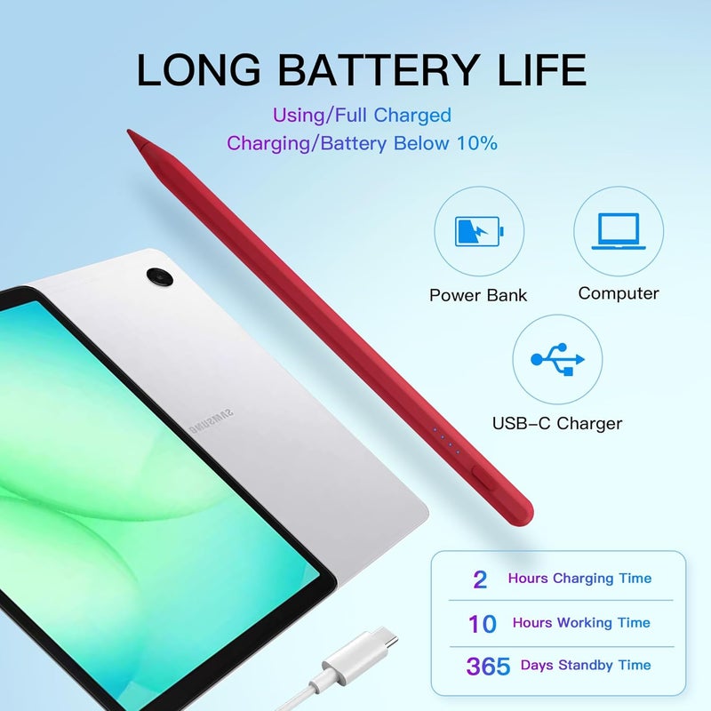 thexxa قلم Tab A11+ ستايلس لجهاز Samsung Galaxy Tab A11/A9/A9+Plus اللوحي بنظام أندرويد، شحن سريع، قلم S دقيق للمس الشاشات (أحمر) - Image 4