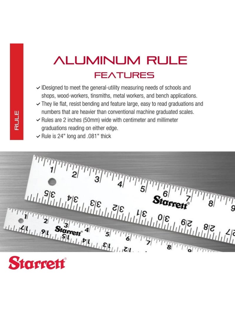 Starrett - Starrett Straight Edge Aluminum Rule  Ideal for Schools Shops Metal Workers and Wood Workers  24 Length 2 Width 081 Thickness 18 116 English  ASE24 - Image 1