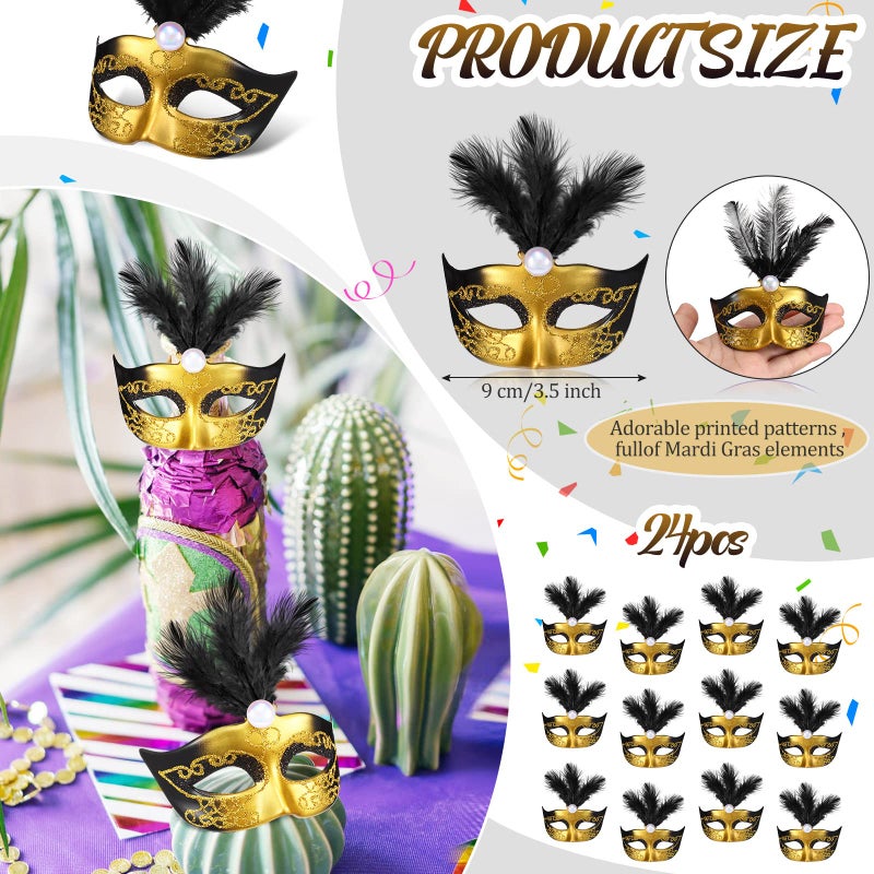 Charniol 24 Pcs Mini Mask Masquerade Small Masquerade Mask Dress Up Cake Topper Decor Mardi Gras Venetian Centerpiece Decor(Black) - Image 2