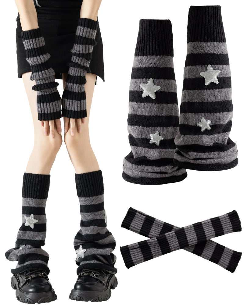 Yawlsow Arm and Leg Warmers for Women Girls Y2k Knit Leg Warmer Kawaii Lolita Goth Harajuku Streetwear Grunge Accessories (Gray-black stripes, One Size) - Image 1