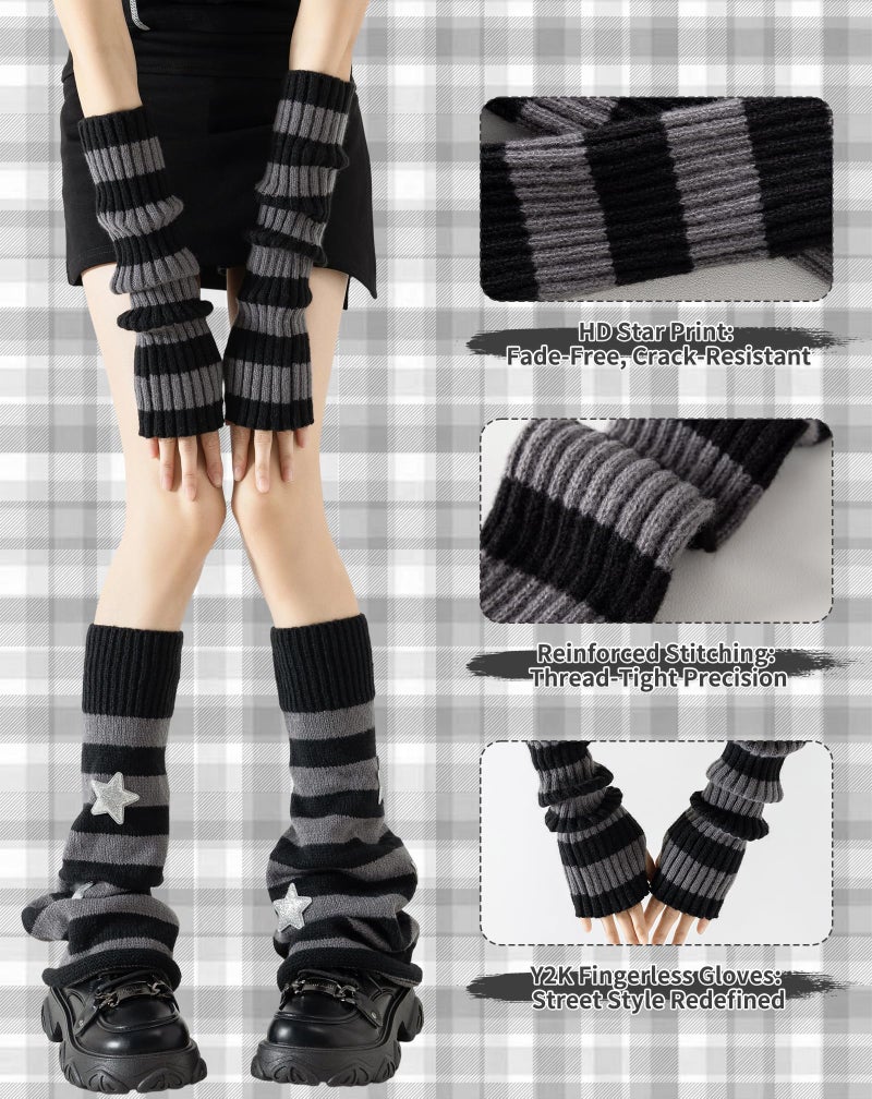 Yawlsow Arm and Leg Warmers for Women Girls Y2k Knit Leg Warmer Kawaii Lolita Goth Harajuku Streetwear Grunge Accessories (Gray-black stripes, One Size) - Image 2