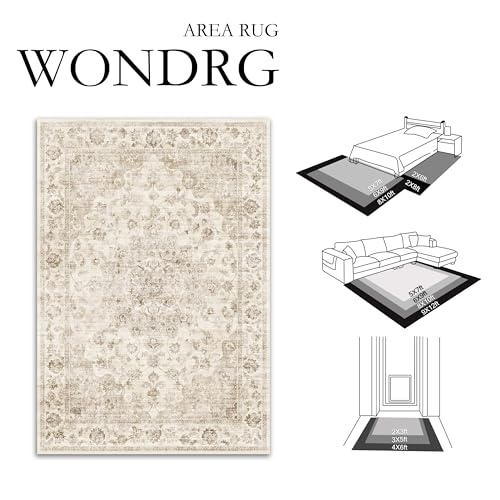 WondRg سجادة ووندراج 6x9 قابلة للغسل بلون محايد بتصميم عتيق لسجادة غرفة المعيشة وغرفة النوم غير قابلة للانزلاق ناعمة ذات كومة منخفضة مزخرفة للاستخدام الداخلي في غرفة الطعام والمدخل والمكتب - Image 2