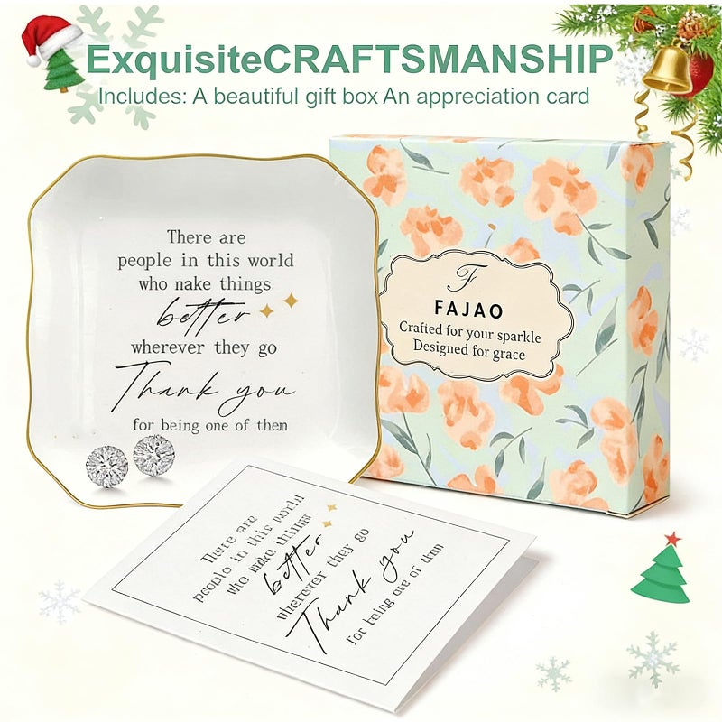 FAJAO Thank You Gifts for Women - 4"x4" Ceramic Jewelry Dish Tray - Appreciation Inspirational Gifts for Women Employee Coworker Teacher Friends (White-Thank You) - Image 2