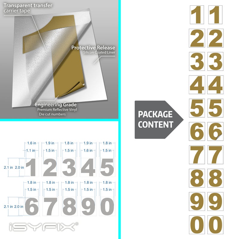 iSYFIX Gold Vinyl Numbers Stickers â€“ 2 Inch Self Adhesive (2 Sets) Premium Decal Die Cut and PreSpaced for Mailbox, Signs, Window, Door, Cars, Trucks, Homes, Businesses, Address Numbers, Indoor or - Image 2