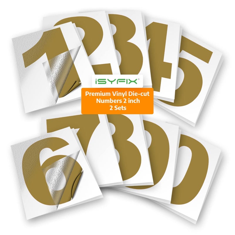 iSYFIX Gold Vinyl Numbers Stickers â€“ 2 Inch Self Adhesive (2 Sets) Premium Decal Die Cut and PreSpaced for Mailbox, Signs, Window, Door, Cars, Trucks, Homes, Businesses, Address Numbers, Indoor or - Image 1
