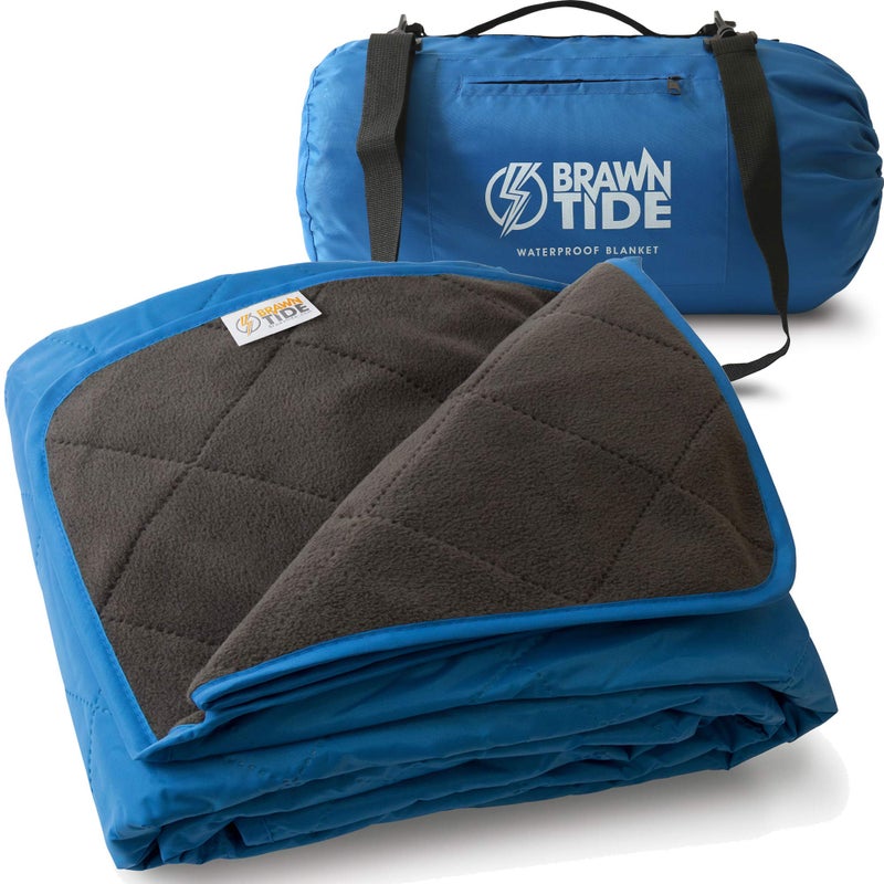 BRAWNTIDE Large Outdoor Waterproof Blanket Quilted Extra Thick Fleece Warm Windproof Includes Stuff Sack Ideal for Stadiums Sports Picnics Beach Pets Car Truck SUV Royal Blue