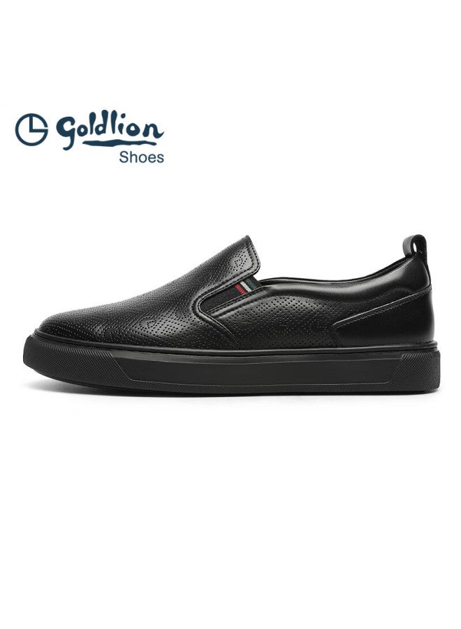 Goldlion Men's Business Casual Leather Shoes Hollow Breathable Slip-on Perforated Casual Shoes G275320380aad Black Size 42 - Image 1