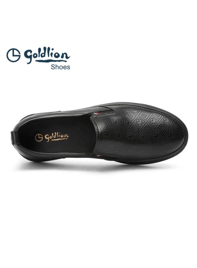 Goldlion Men's Business Casual Leather Shoes Hollow Breathable Slip-on Perforated Casual Shoes G275320380aad Black Size 42 - Image 2