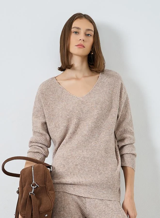 Styli V Neck Oversized Knit Sweater and Pants Co-Ords