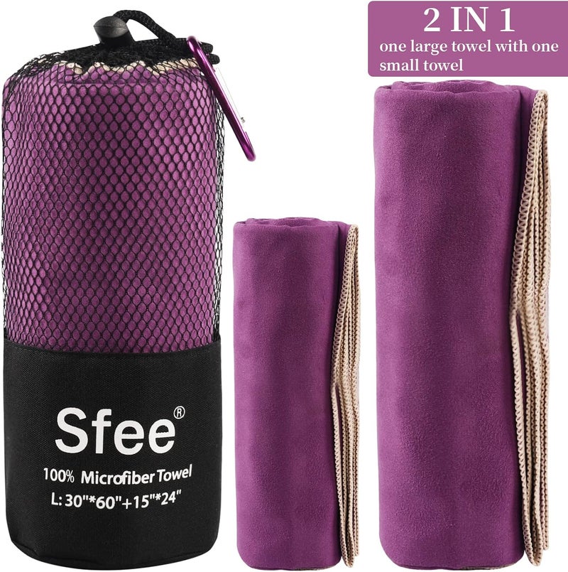 Sfee 2 Pack Microfiber Travel Towel - Quick Dry, Super Absorbent, Compact Lightweight for Camping, Sports, Swim, Gym, Beach, Hiking, Pool, Backpacking, Bath, Yoga - Image 2