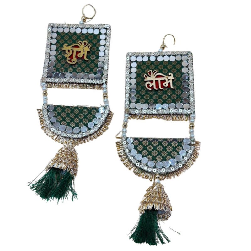 THE HOME CO. Enhance your home style The Home Co shubh labh for Door Entrance 1 Pair Golden Side Door hangingstoran for Home Decoration shubh labh Door Hanging Door Tags Diwali ShoonSoohnShun for Home mandir Green Large - Image 2