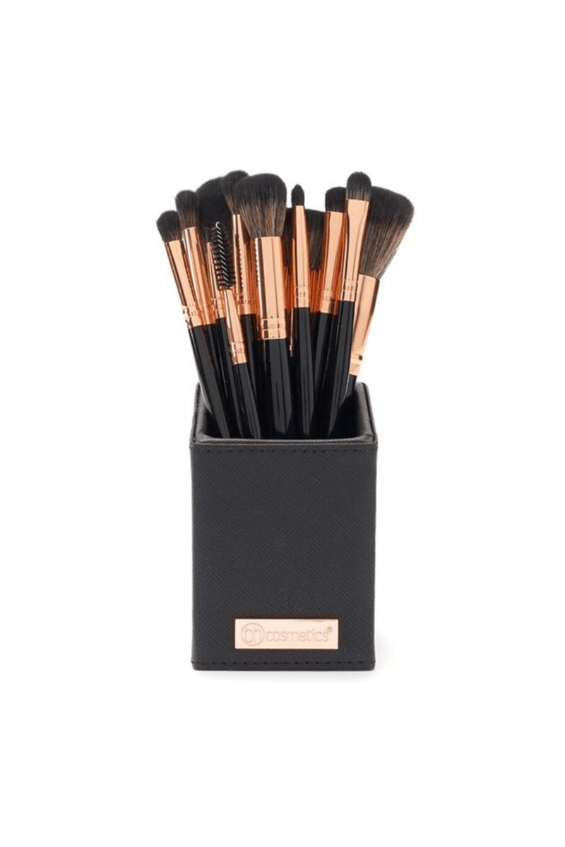 بي إتش كوزماتيكس مجموعة فرش باللونين الأسود والذهبي الوردي مع حامل - 14 قطعة - Image 1