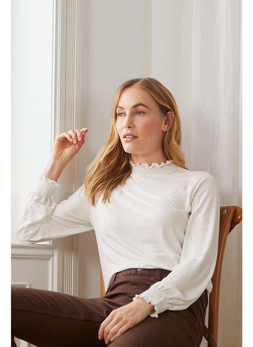 Tchibo Women Ruffle Collar Long Sleeves Plain Blouse, White  - Image 1