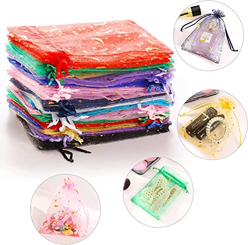ENNIYU 100 Pieces Moon Star Organza Jewelry Candy Bags, 3x4inch Random Colors Mesh Bags, Organza Favor Gift Pouches with Drawstrings for Weddings, Parties, and Valentine's Day. - Image 3