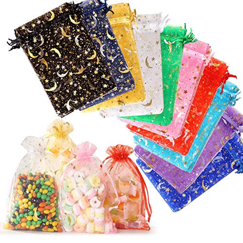 ENNIYU 100 Pieces Moon Star Organza Jewelry Candy Bags, 3x4inch Random Colors Mesh Bags, Organza Favor Gift Pouches with Drawstrings for Weddings, Parties, and Valentine's Day. - Image 1