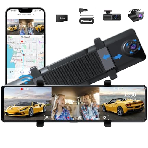 Aprilboy 3 Channel Mirror Dash Cam, Aprilboy 12" Triple Rear View Mirror with Front 3K, Inside and Rear 1080P Cameras with 5.8GHz WiFi, G-Sensor, Night Vision, Reverse Assist, Parking Monitoring - Image 1
