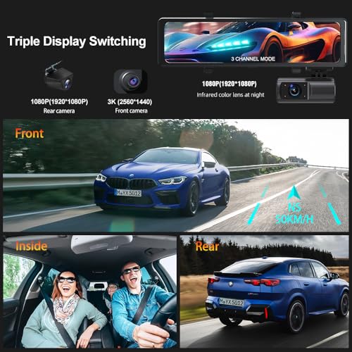 Aprilboy 3 Channel Mirror Dash Cam, Aprilboy 12" Triple Rear View Mirror with Front 3K, Inside and Rear 1080P Cameras with 5.8GHz WiFi, G-Sensor, Night Vision, Reverse Assist, Parking Monitoring - Image 3