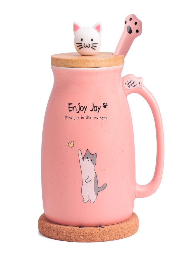 Feify Cute Cat Cup Ceramic Coffee Mug with Kawaii Cat Wooden Lid, Lovely Stainless Steel Spoon, Anime Kitty Thicken Wooden Coaster, Christmas Birthday Cute Thing Japanese Mug 16oz (Pink) - Image 1