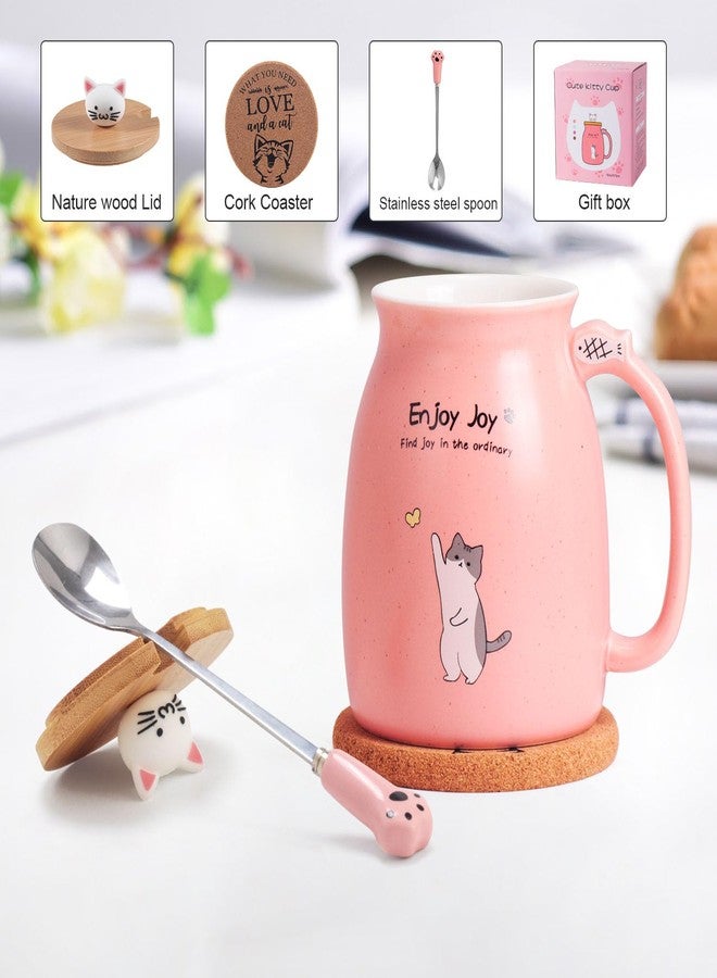 Feify Cute Cat Cup Ceramic Coffee Mug with Kawaii Cat Wooden Lid, Lovely Stainless Steel Spoon, Anime Kitty Thicken Wooden Coaster, Christmas Birthday Cute Thing Japanese Mug 16oz (Pink) - Image 2