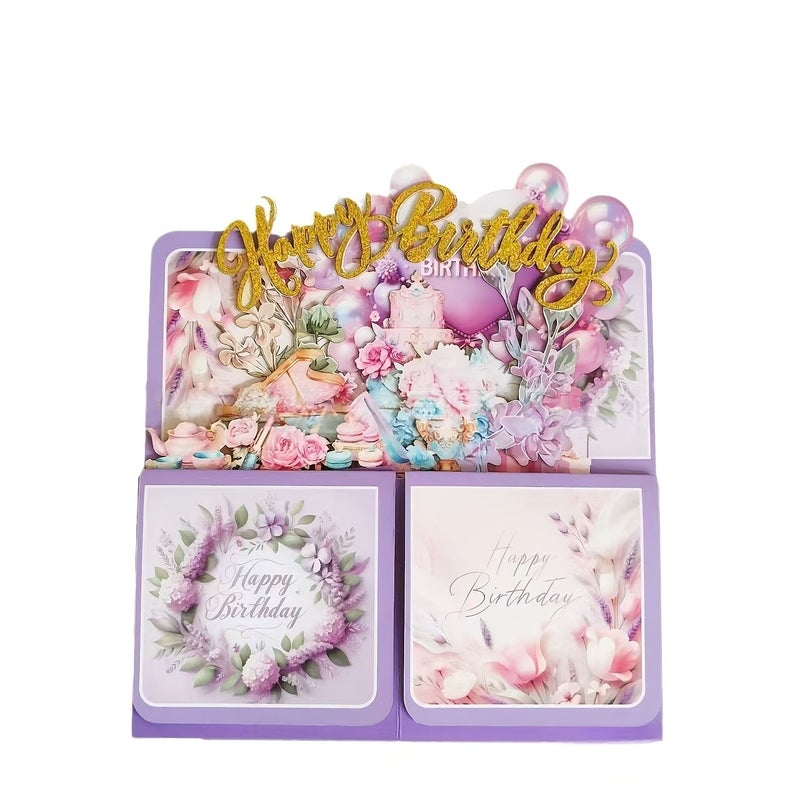 Happy Birthday 3D Pop Up Card With Floral Pattern Blank Notes Envelopes - Image 4