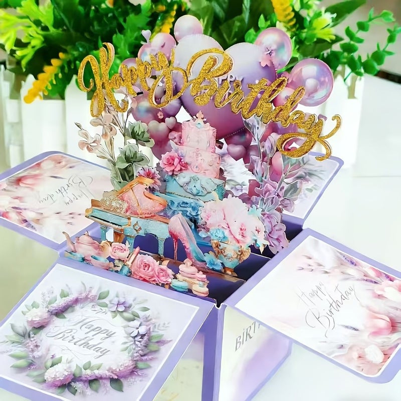 Happy Birthday 3D Pop Up Card With Floral Pattern Blank Notes Envelopes - Image 1