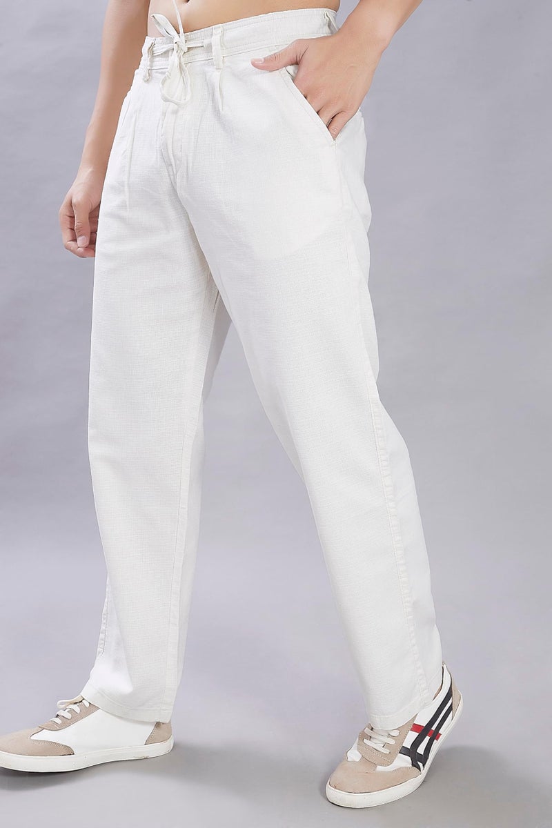 DIVISIVE Men's Relaxed Fit Front Pleated Cotton Linen Blend Trousers (DPT37_28_Ivory) - Image 3