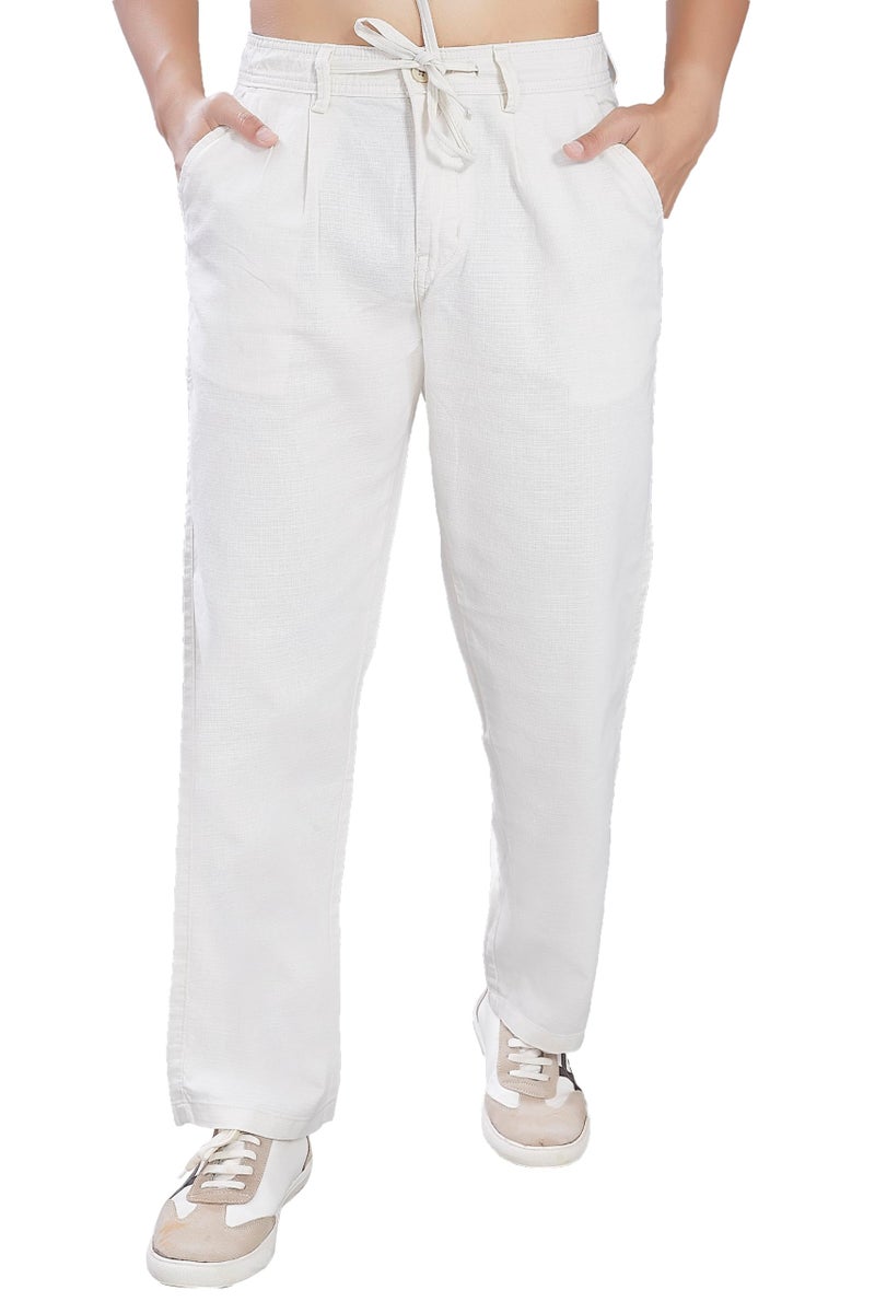 DIVISIVE Men's Relaxed Fit Front Pleated Cotton Linen Blend Trousers (DPT37_28_Ivory) - Image 1