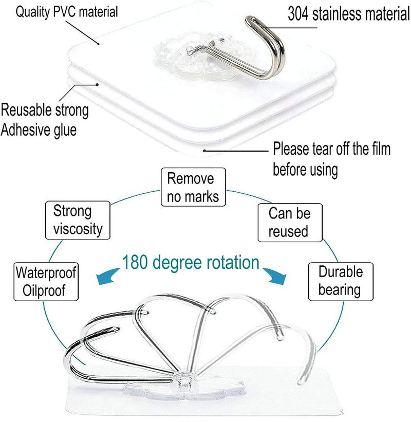 SKY DIAMOND 20 Pcs Waterproof Transparent SelfAdhesive Wall Hooks Heavy Duty Sticky Hooks for Hanging 10KG Max - Image 2