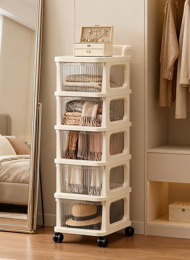 DESINO 5 - Tier Rolling Utility Cart with Drawer - Multifunctional Storage Organizer! Plastic Shelves, Wheels. Ideal for Kitchen, Bathroom, Living Room & Office,Clear+ Cream White - Image 5