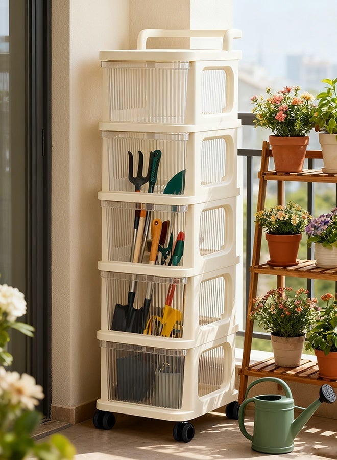 DESINO 5 - Tier Rolling Utility Cart with Drawer - Multifunctional Storage Organizer! Plastic Shelves, Wheels. Ideal for Kitchen, Bathroom, Living Room & Office,Clear+ Cream White - Image 3