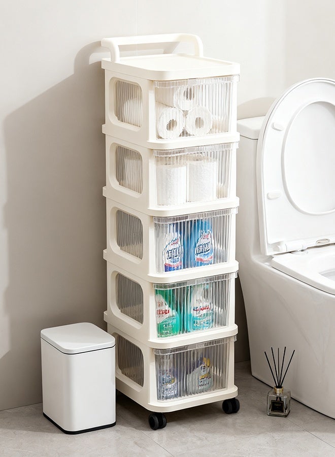DESINO 5 - Tier Rolling Utility Cart with Drawer - Multifunctional Storage Organizer! Plastic Shelves, Wheels. Ideal for Kitchen, Bathroom, Living Room & Office,Clear+ Cream White - Image 4