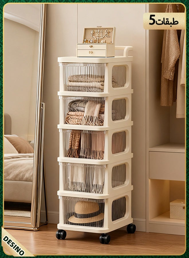 DESINO 5 - Tier Rolling Utility Cart with Drawer - Multifunctional Storage Organizer! Plastic Shelves, Wheels. Ideal for Kitchen, Bathroom, Living Room & Office,Clear+ Cream White - Image 1