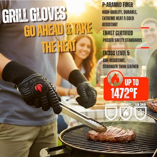 GRILL HEAT AID BBQ Grill Gloves 1472°F - Extreme Heat Resistant Oven Mitts for Grilling, Smoker & Fire Pit with Silicone Grip & EN407 Cut Resistance - Mid Cuff, Black - Image 2