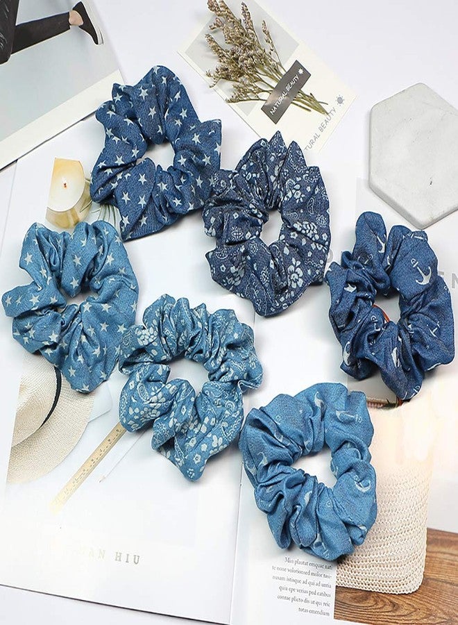 DINPREY 6 Pcs Blue scrunchies for hair Denim Hair Scrunchies Accessories, Cloth Blue Hair Ties Scrunchy for Woman Girls, Blue Ribbon Elastic Hair Bands Ropes Ponytail Holders - Image 2