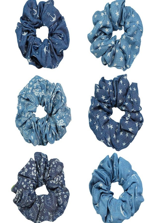 DINPREY 6 Pcs Blue scrunchies for hair Denim Hair Scrunchies Accessories, Cloth Blue Hair Ties Scrunchy for Woman Girls, Blue Ribbon Elastic Hair Bands Ropes Ponytail Holders - Image 1