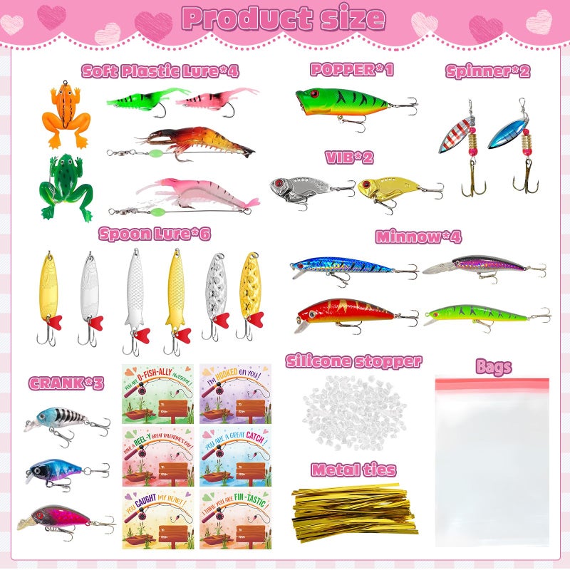 Bailiyake 24 Set Valentines Day Cards for Kids Classroom,Lifelike Fishing Lure Baits Tackle with Cards,Valentines Party Favors for Classroom Exchange (Fishing Lures) - Image 2